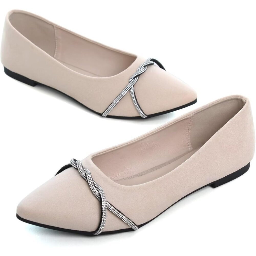 Women's Apricot Casual Flats Fashion Chain Pointed Toe Ballet Flat Rhinestone - Picture 6 of 7